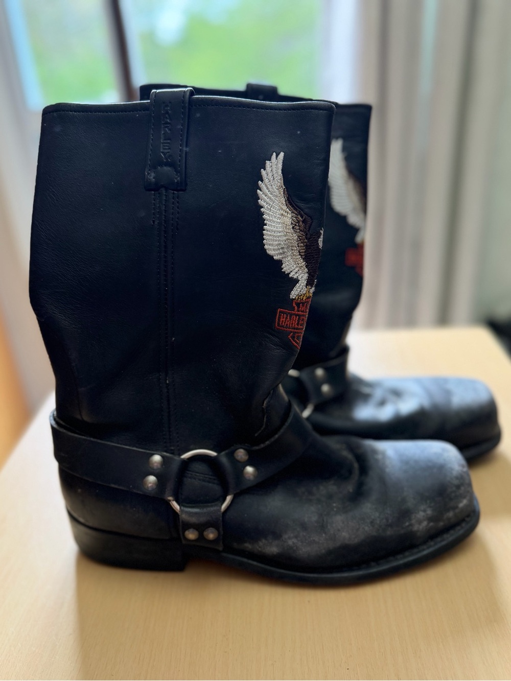 Harley-Davidson Black Leather Eagle Embroidered Motorcycle Boots